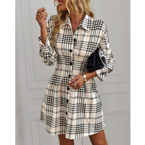 Classic houndstooth plaid button down shirt dress - Picture 3 of 16